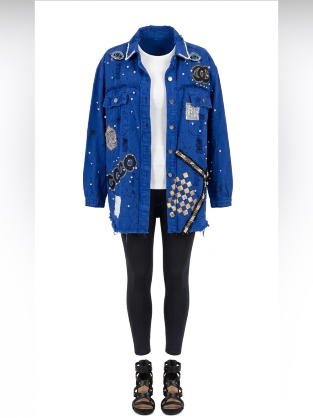 Royal Blue Denim Shacket with hand painted design and embellishments